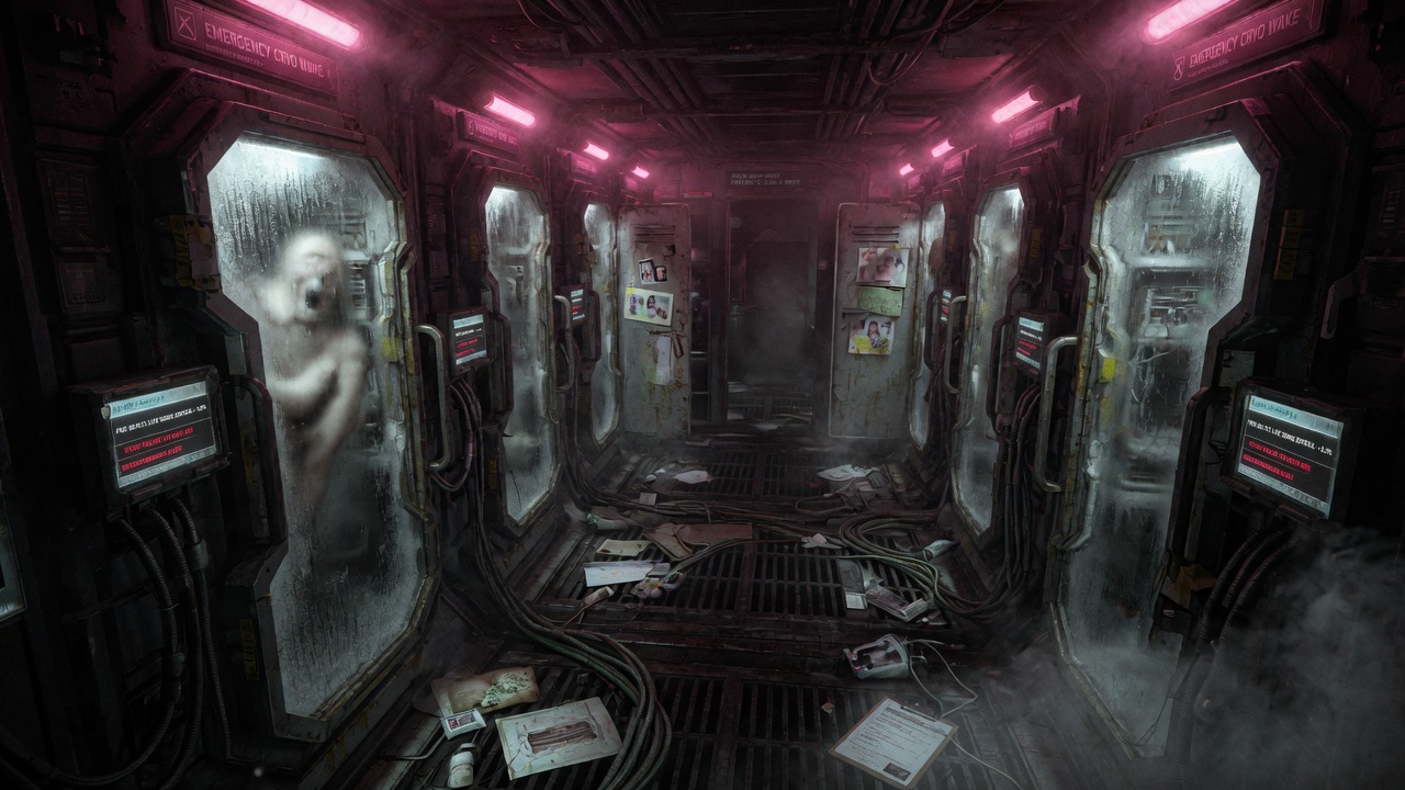 Cryo bay with emergency pink lighting
