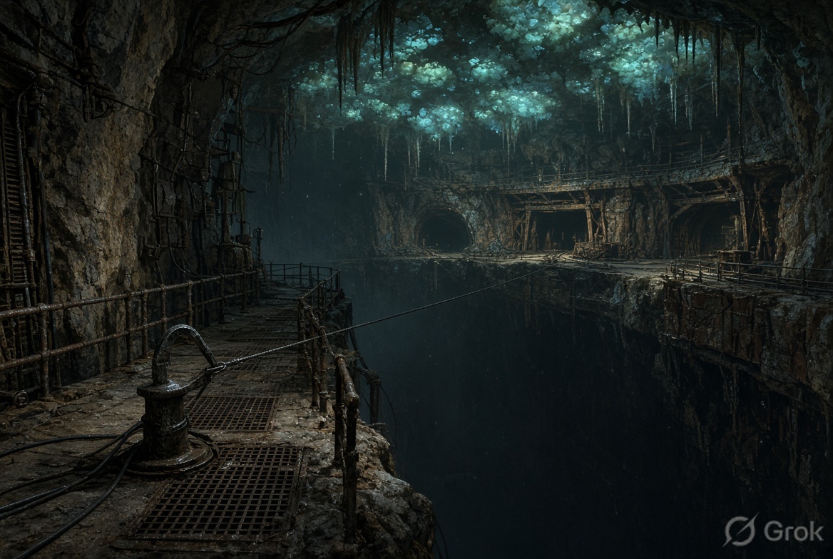 A span in The Deep — old mine works over still water, Choir fungus on the ceiling